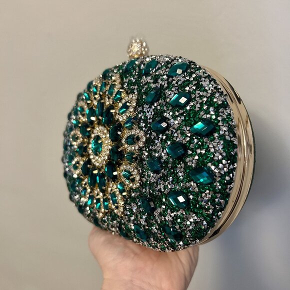 Ramla Bejeweled Crystal Evening Bag Emerald Green Chain Strap Top Handle Formal - Picture 5 of 14